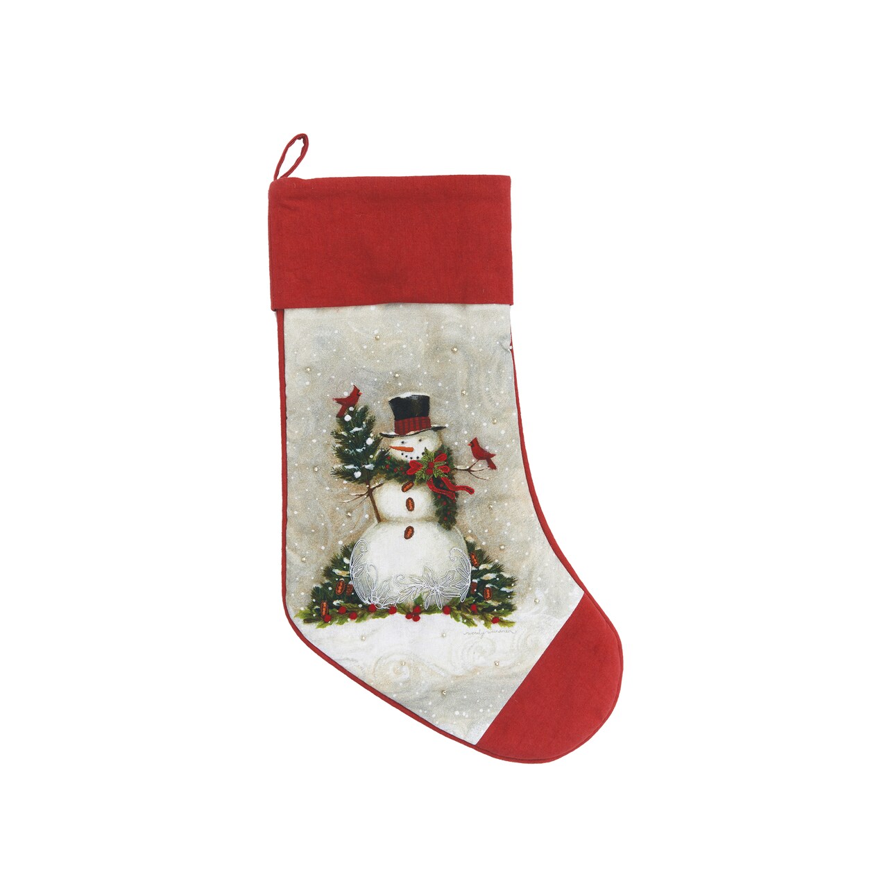 Woodland Christmas Winter Snowman Cotton Stocking with Red Cuff and Toe 20"